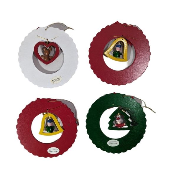 Vintage 1985 Christmas Ornaments 4-Piece Hearts Figurines Red Bows Round Wood - Picture 2 of 6